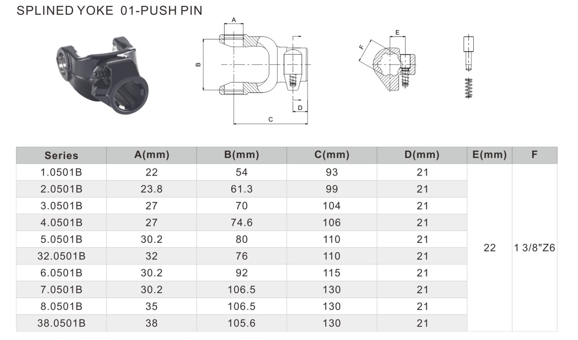 OEM High Quality Splined Yoke 01-Push Pin 6.0501B for Cardan Cross 30.2*92 for PTO Driveshaft Agricultural Machine Part